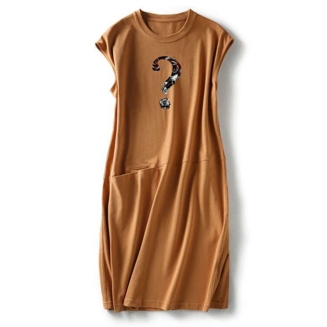 

Women Short Sleeve Dress Skull Symbol Rose Print Pocket Stitching Knee-Length Round Neck Dresses Summer Street Style Sundress