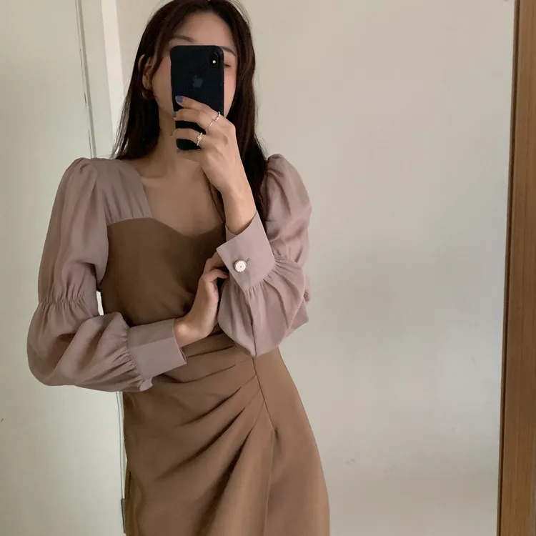 

Korean Chic Spring French Style Retro Square Collar Puff Sleeve Color Contrast Patchwork Design Waist Slimming Dress for Women