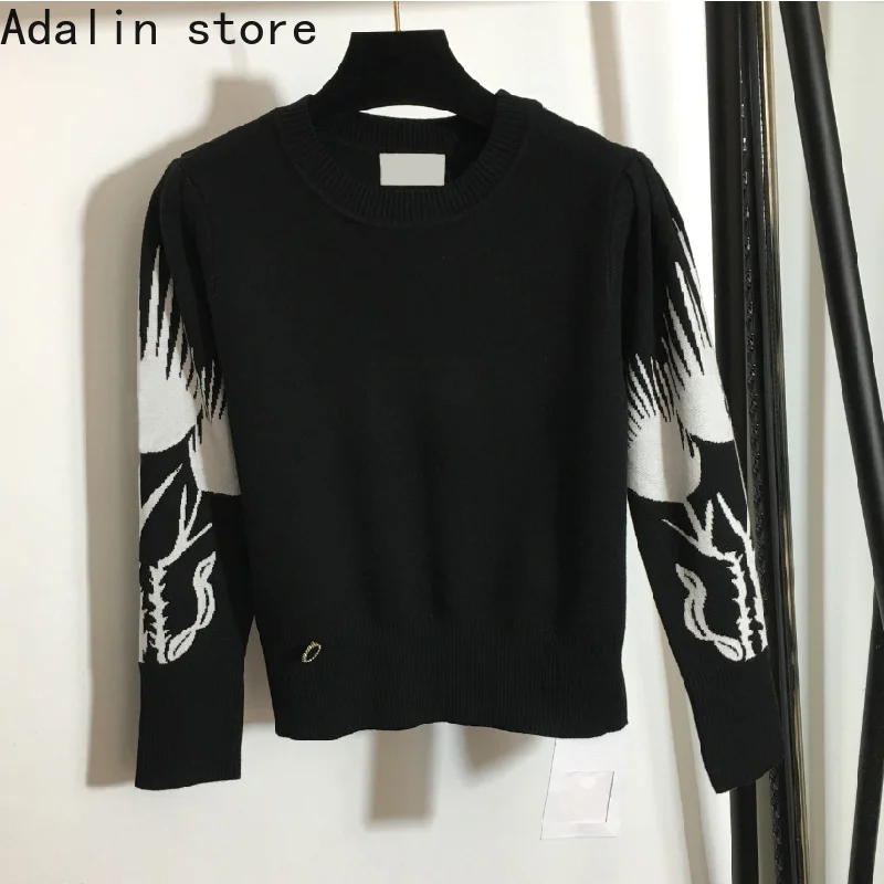 

high quality autumn and winter fashion women's Kirin arm printed round neck Pullover contrast color long sleeve knitted sweater