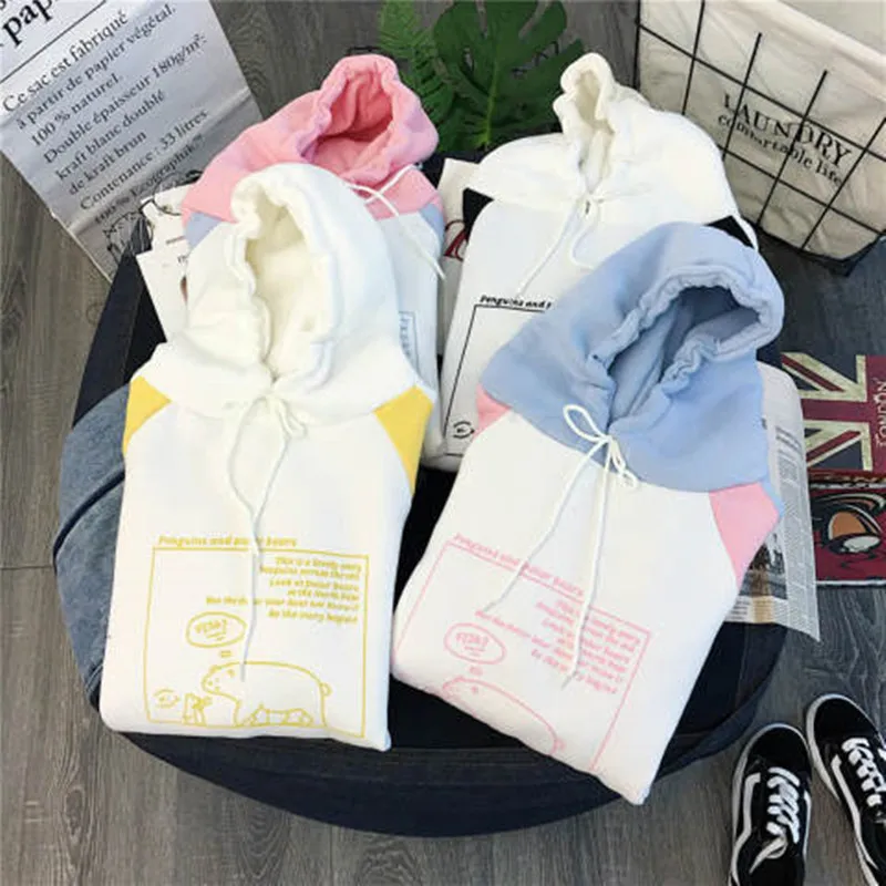 

Women Plush Cute Bear Print Hoodie Long Sleeve Hoody Female Sweatshirts Loose Size Lovely Cotton Treetwear Top Spring Clothes
