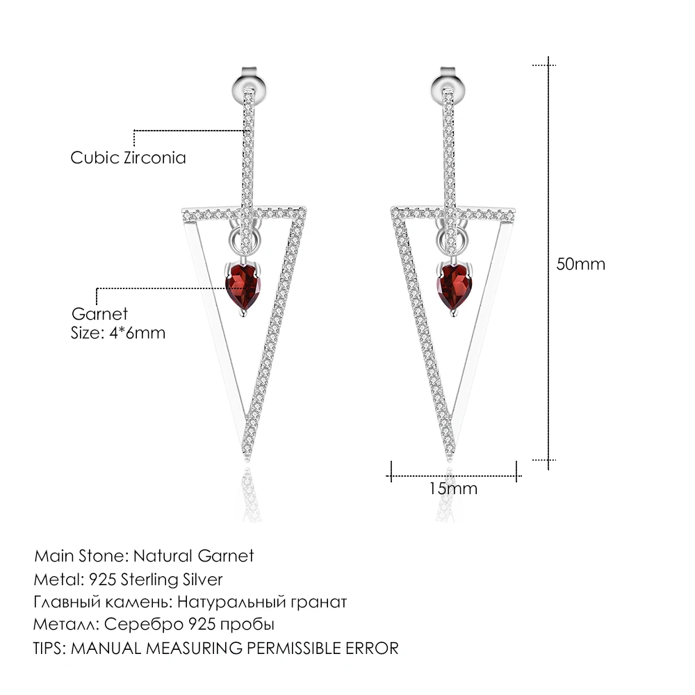 

GEM'S BALLET Natural Red Garnet Gemstone Drop Earrings 925 Sterling Silver Triangle Earrings for Women Anniversary Fine Jewelry