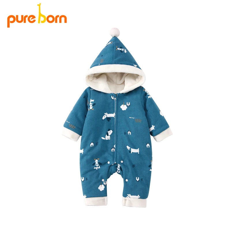 Pureborn/Детский комбинезон унисекс из плотного флиса с капюшоном для новорожденных; зимний комбинезон на молнии; Одежда для маленьких мальчиков и девочек - Цвет: blue dog