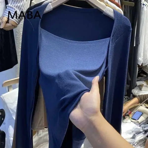 

Женская футболка с квадратным вырезом, облегающий однотонный топ с длинным рукавом в стиле пэчворк, элегантная винтажная Базовая футболка, ...