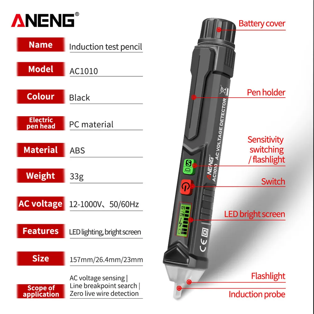 

ANENG Smart Digital Voltage Detector Intelligent Non-Contact Voltmeter Alarm AC Test Pen Sensor Tester for Electric Tool AC1010+