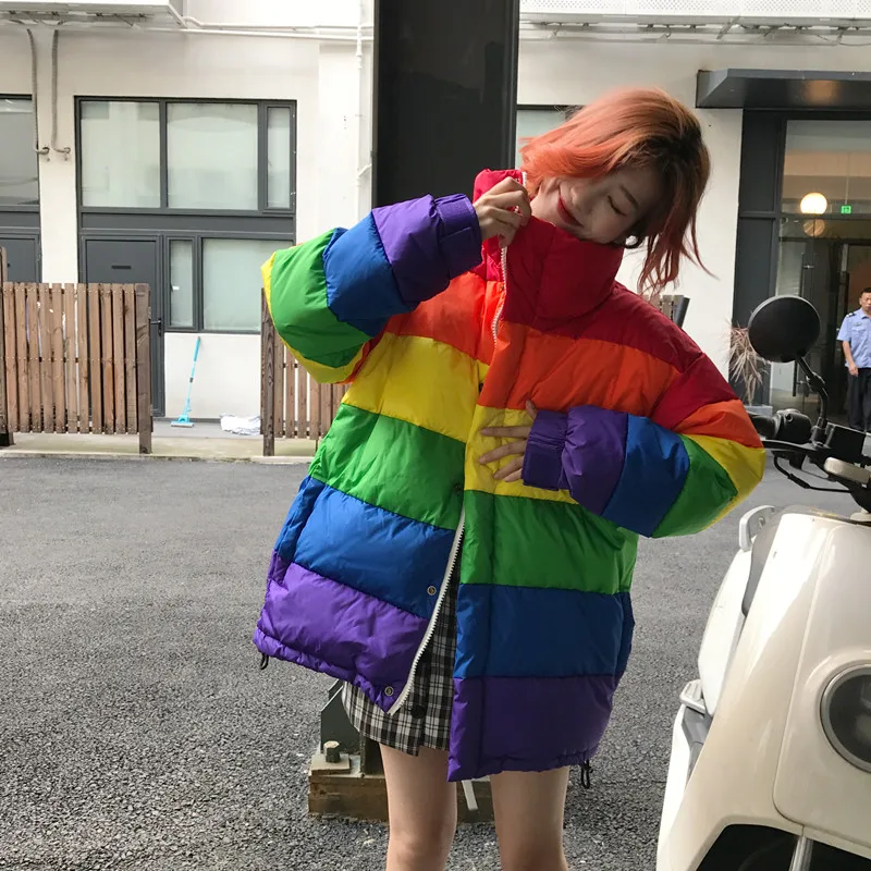 Winter Jacket Women Plus Size Loose Rainbow Striped Harajuku Wadded Parka Coat Femme Chaqueta Mujer Outwear Women Puffer Jacket