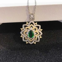 delicate lace flower pendant necklace inlay green water drop cubic zircon fashion tow tone jewelry for women wedding engagement