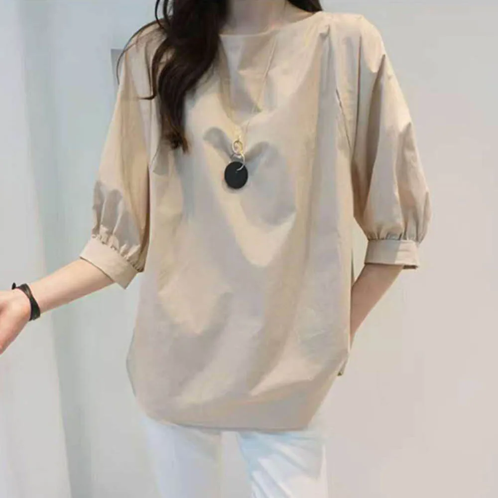 

Blouse Plain Simple Women Tops Round Neck Blouse Puff Sleeve Ladies Fashion Short Sleeve Simple Shirt Loose Casual Pullover