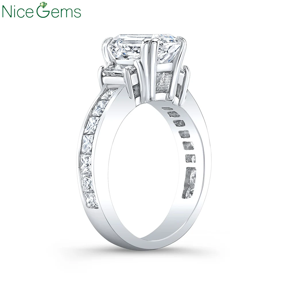 NiceGems Белое золото 14 карат Изумрудное кольцо с тремя камнями центр 2.5CT DF Цвет 5.1CTW