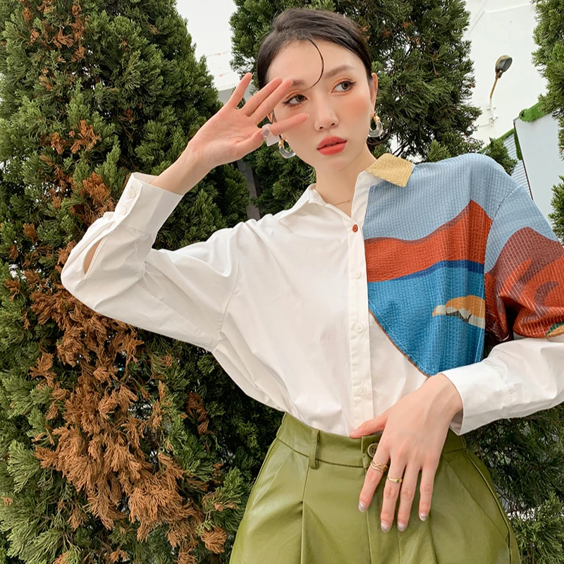

Женская Вельветовая рубашка CHEERART, модная белая рубашка в стиле пэчворк с длинным рукавом, дизайнерская рубашка на пуговицах, осень 2021