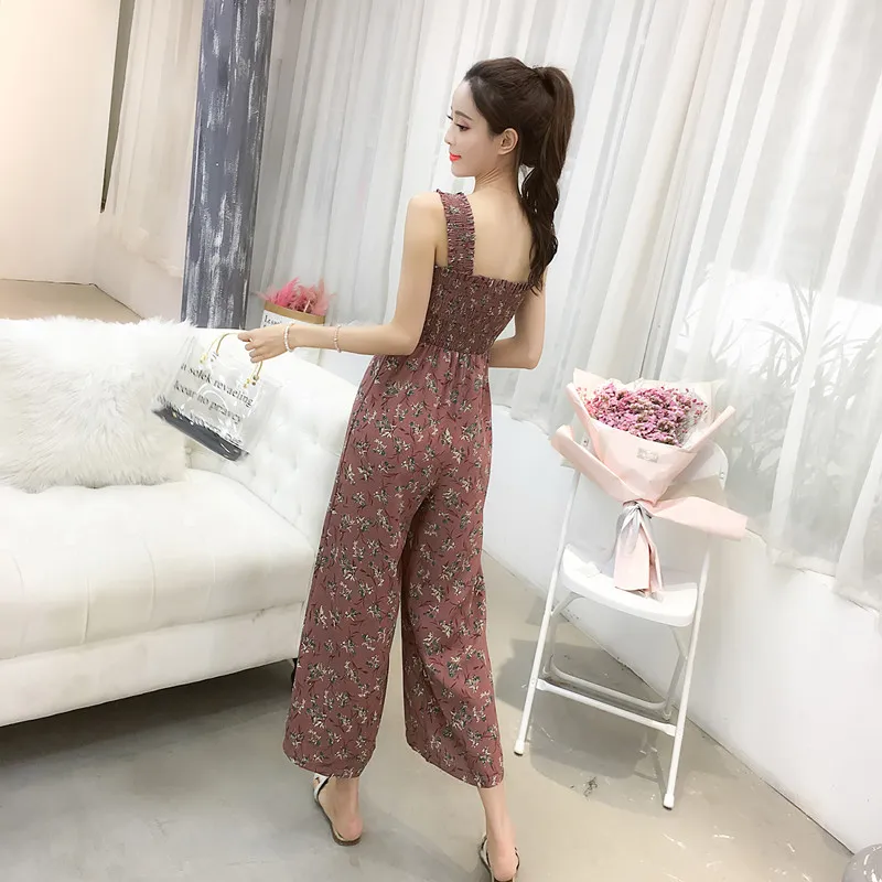 

Jumpsuits Women Summer Wide-leg Chiffon Ankle-length Floral Elastic-bust Elegant Korean Style Printed Slim Ladies Leisure Strap