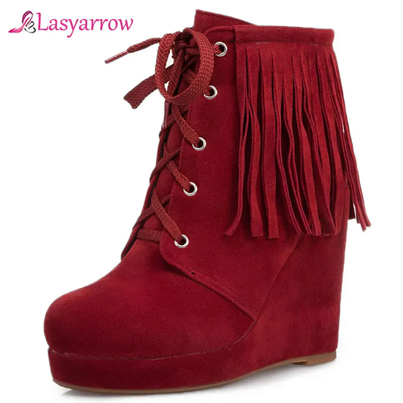 Lasyarrow/осенние модные женские ботинки короткие на танкетке и платформе со