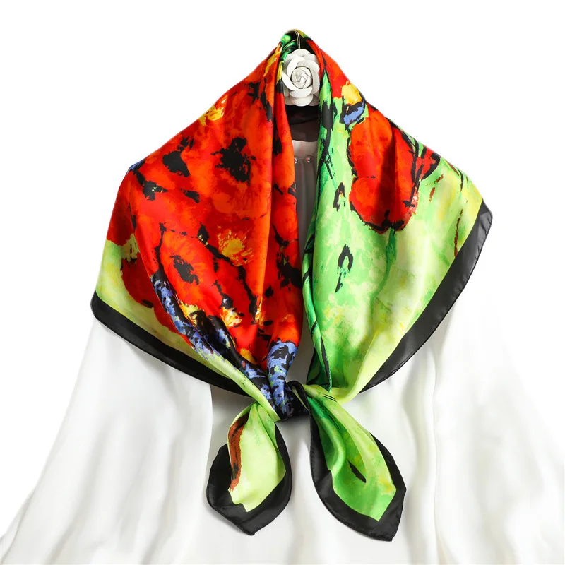 

2021 News Floral Painting Silk Scarf Women Large Square Bandana Summer Sunscreen Beach Hijabs Ladies Neckscarf Foulard 90*90CM