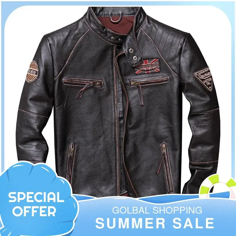 2021 винтажная коричневая мужская приталенная мотоциклетная кожаная куртка