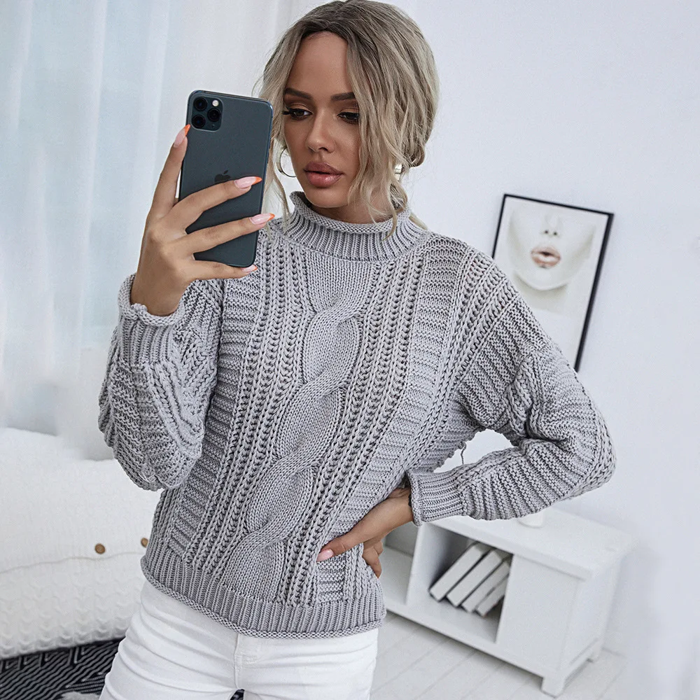 

Knitwear 2022 Gray Knitted Sweater Female Pullover Turtleneck Cozy Knit Thick Thermal Jumper Mujer Long Sleeve Crochet Jersey