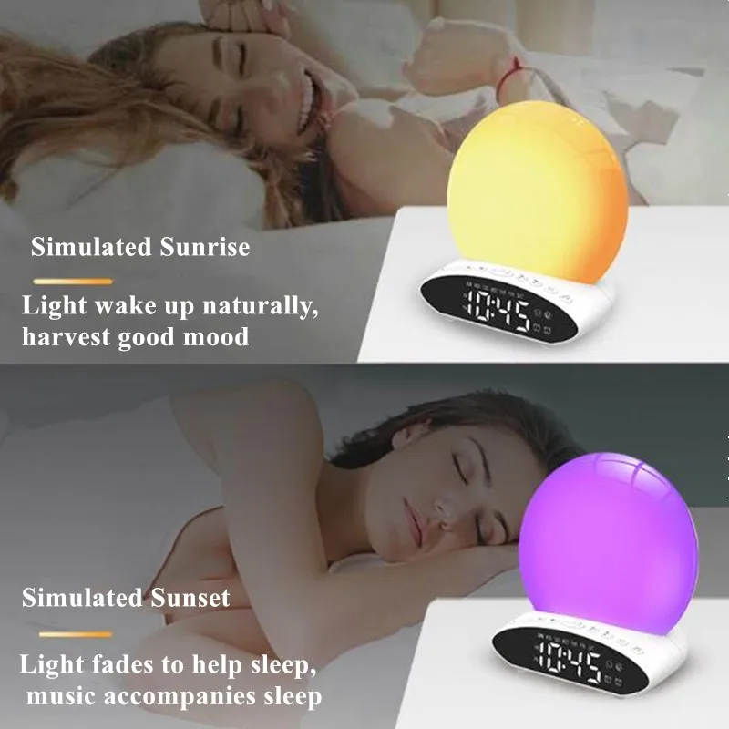 

Digital LED Projection Clock Night Light 7 Colorful Sleep Simulation Sunrise and Sunset Wake Up Date FM Radio Music Alarm Clock