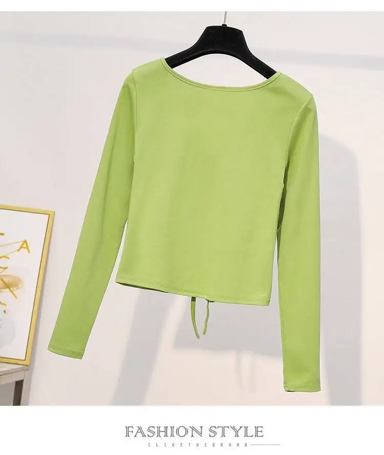 

T-shirt female long sleeve 2020 autumn new slim V-neck drawstring short waist tshirt