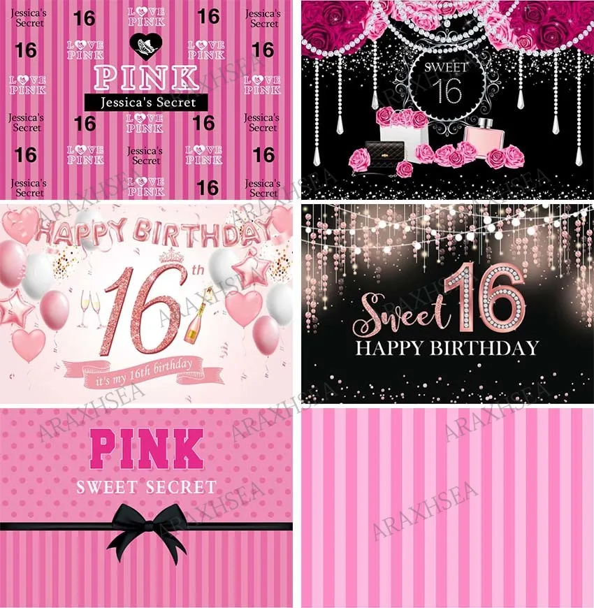 

Birthday Secret Pink Sweet 16 Backdrop for Girl Stripes Bowknot Polka Dots Party Princess Photophone Background Banner