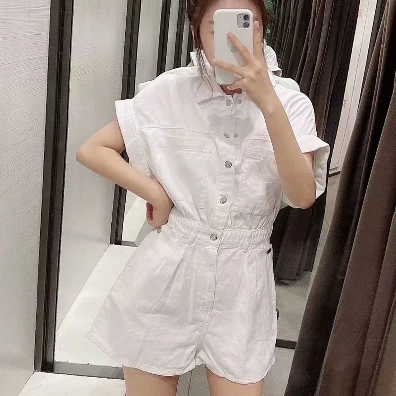

Unua amo White Denim Playsuits Women Short Sleeve Single-breasted Turn-down Collar Fashion Elastic High Waist Female Jumpsuit