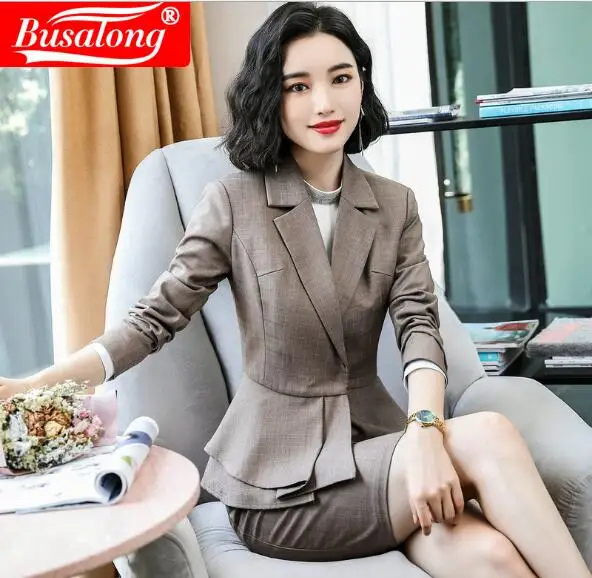 Осень 2019 Женский коричневый костюм комплект из 2 предметов Деловая одежда в стиле