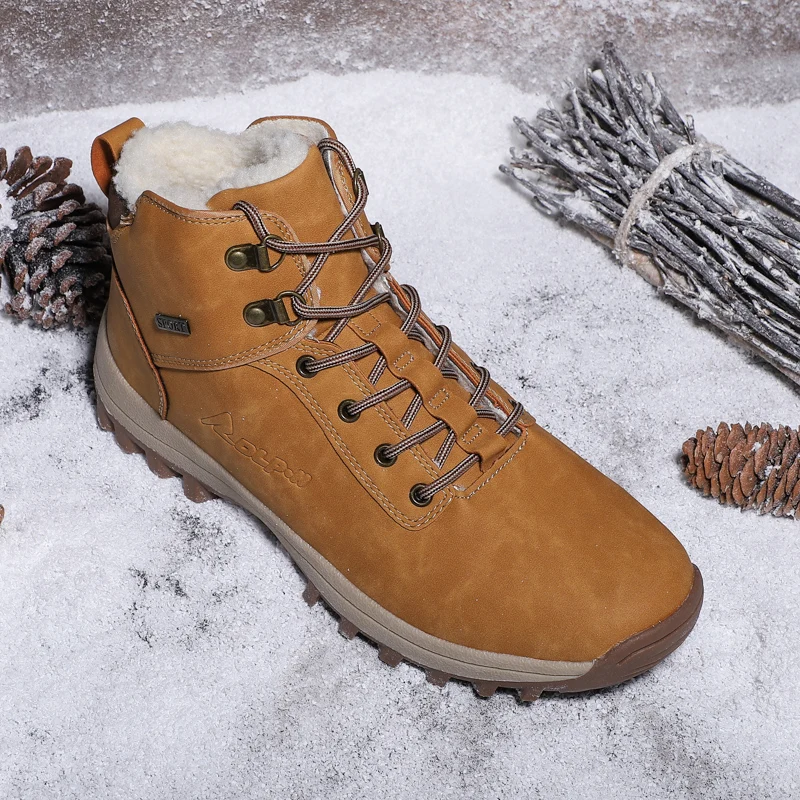 Brand Snow Boots Warm Fur Wear-resistant Sole Womens Boots Leather Waterproof Ankle Boots for Men Comfortable Hiking Boots