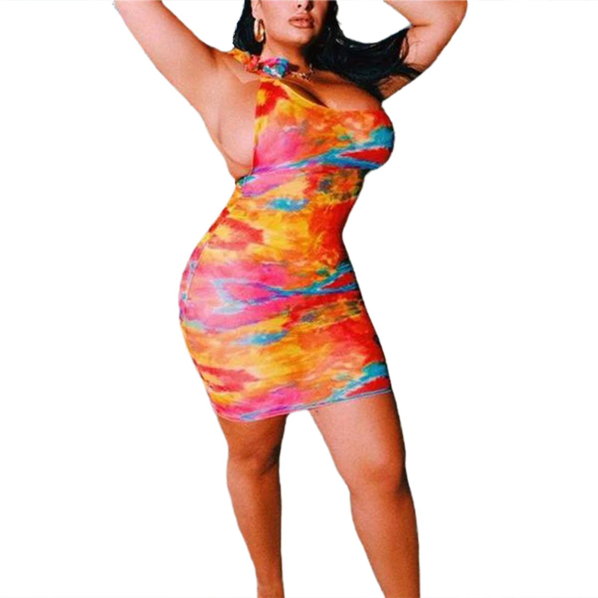 

2020 Women Tie Dyeing Printed Off Shoulder Single Strap Dress Bodycon Clubwear Summer Short Mini Dresses Party Lace-up Dress