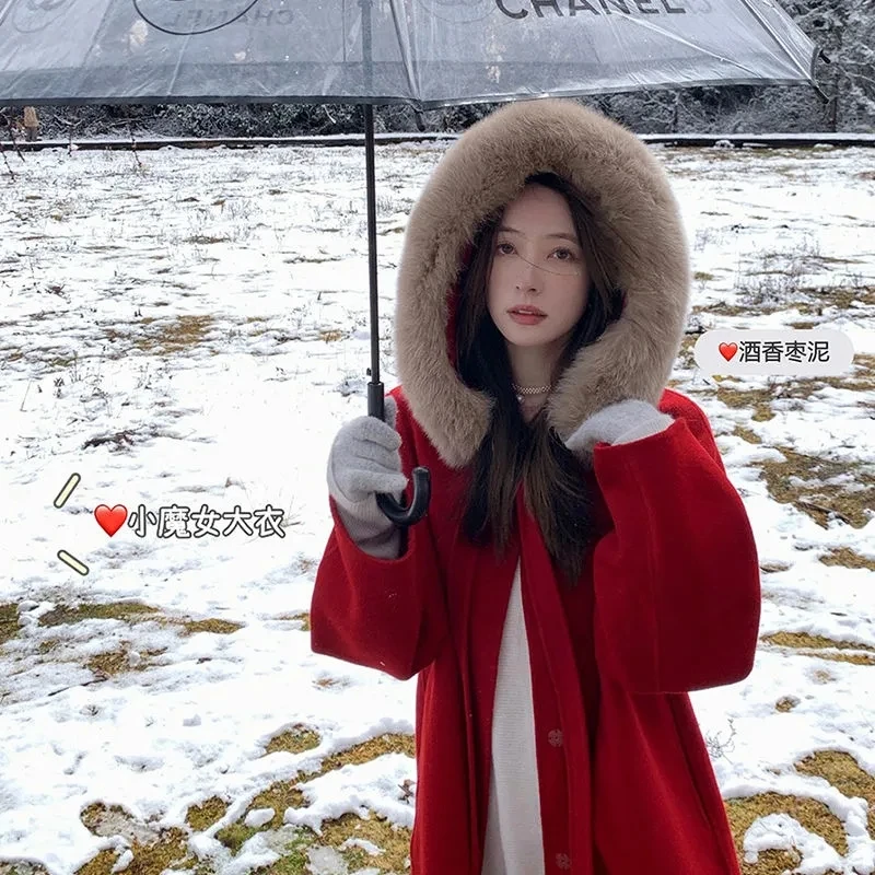 Женское шерстяное пальто Luck A элегантное однотонное с большим меховым воротником