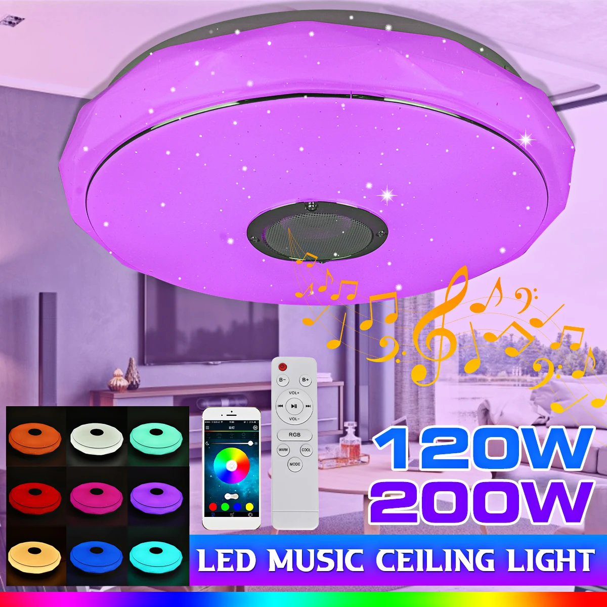 120/200 Вт RGB светодиодный Музыка потолочный светильник bluetooth Динамик лампа дома
