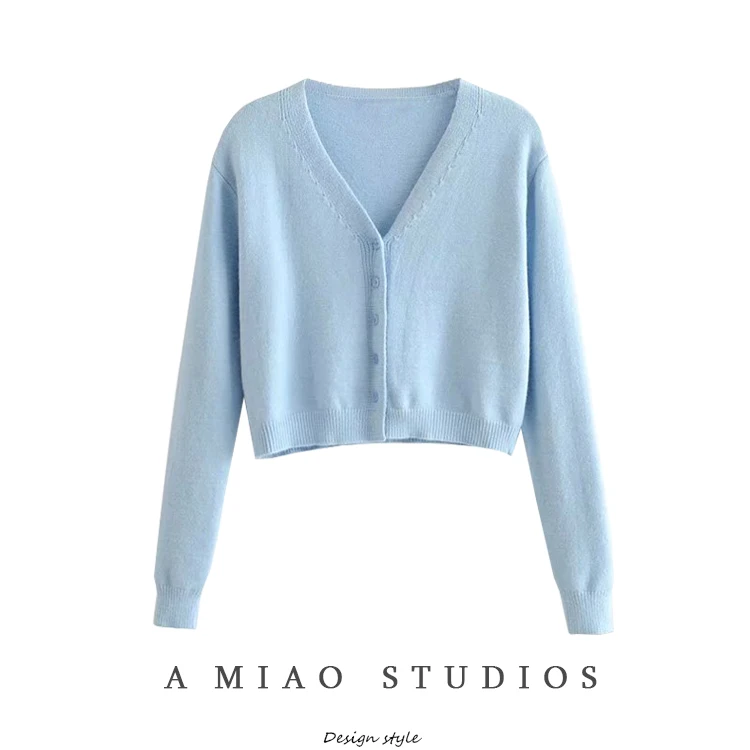 

Ранняя осень новая женская одежда одноцветное Цвет с высокой талией короткий свитер с v-образным вырезом однобортный Свитер с длинными рука...