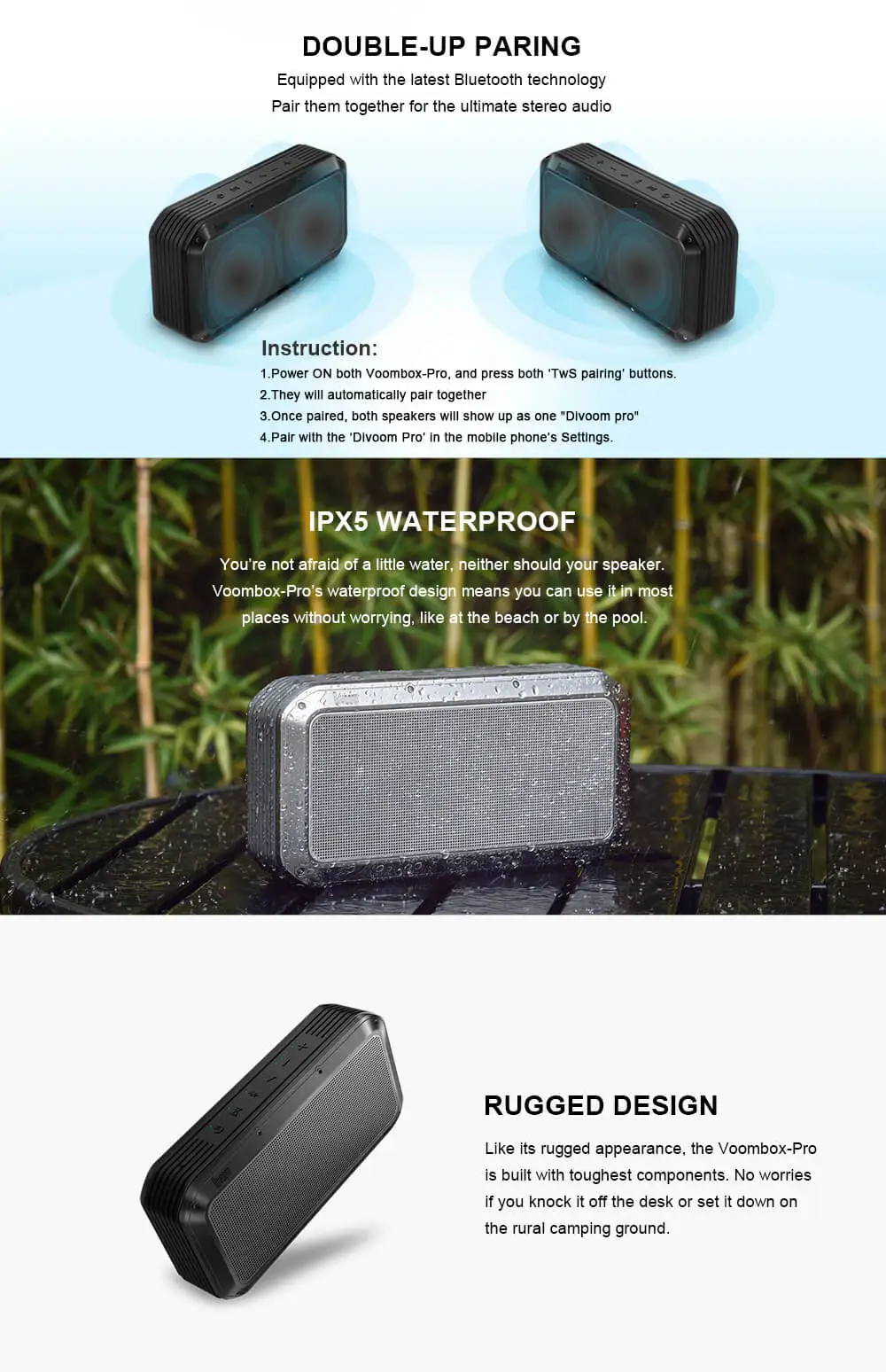 Divoom Voombox Pro Портативный Bluetooth Беспроводной динамик 40 Вт супер бас с 10000 мА/ч, для 18 часов проигрывания IPX5 водостойкий