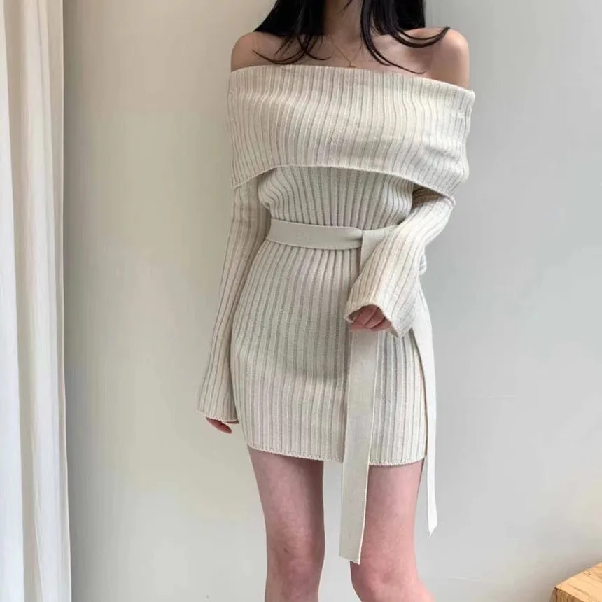

Off Shoulder Sweater Dress Knitted Sweater Dress Woman Sexy Bodycon Mini Dresses For Women Party 2020 Korean Long Sleeve Clothes