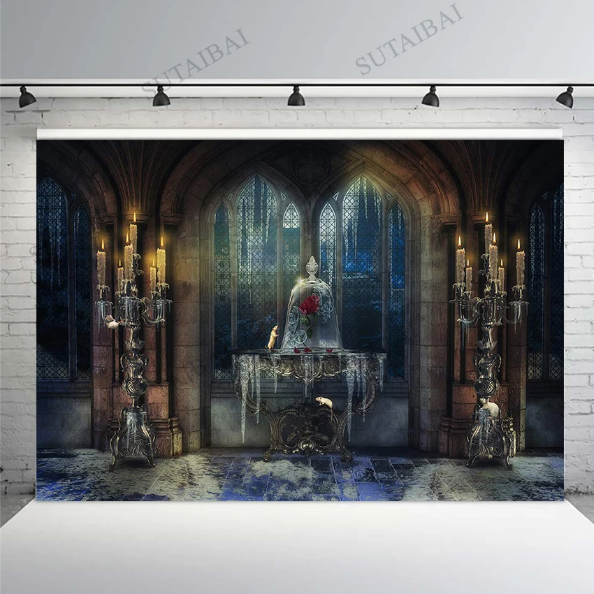 

Beauty Princess Castle Palace Backdrop Ballroom Window Red Rose Flower Decorations Kids Girls Birthday Party Wedding Background