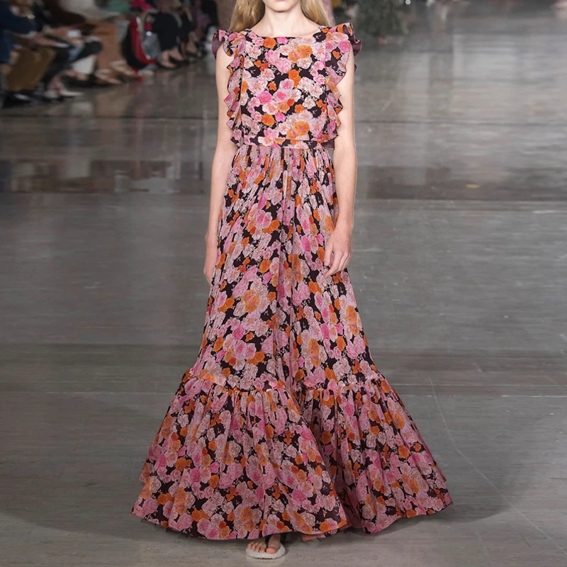 

Summer floral dress 2021 new fashion retro temperament printing lotus leaf chiffon long dress woman