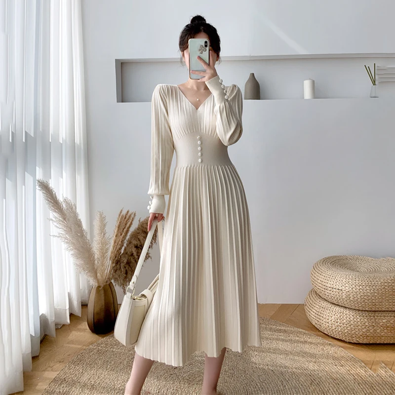 

Плотное теплое платье-свитер 2021 с V-образным вырезом, элегантные женские облегающие длинные платья с высокой талией, вязаное Плиссированное...