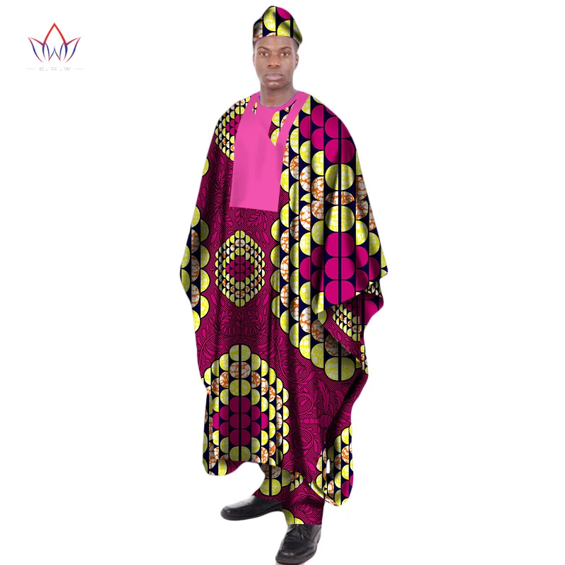 3Pcs Set African Print Wax Long Men Loose Robe Shirt and Pant Hat Dashiki Traditional African Mens Clothing Plus Size WYN1312
