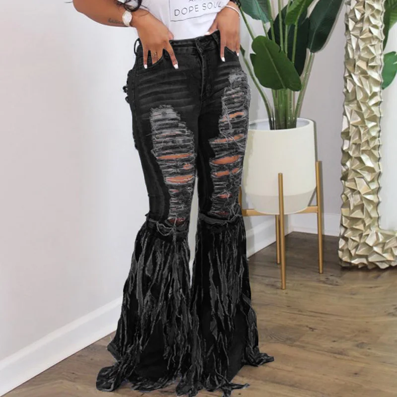 

Camouflage 2021 Women Mid Waist Jeans Vintage Flare Jeans with Holes Patchwork Bell Bottom Tassel Jean Denim Pants Trousers New