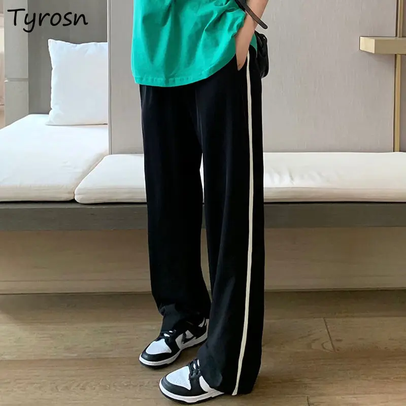 

Pants Women Side Striped Straight Trousers Running Students Simple Black Casual Loose Elastic Waist Summer Mopping Ulzzang Chic