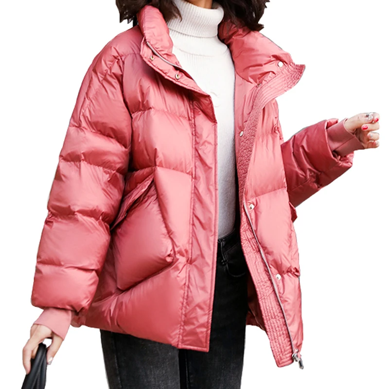 

Down Jacket Casual Loose White Duck Down Warm Solid Down Coat Winter 2019 New Long Sleeve Zipper Pocket Thick Glossy Down Jacket