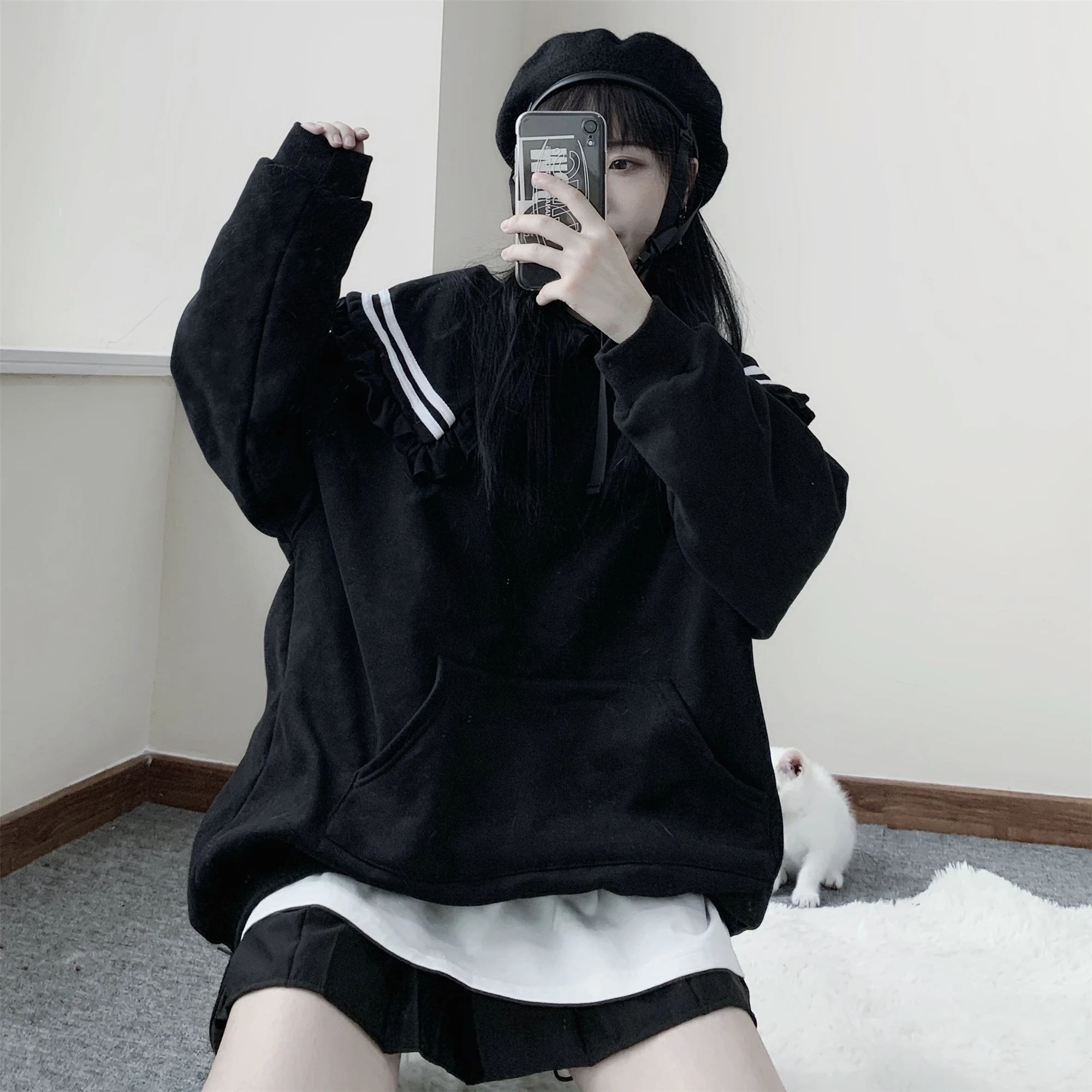 Женская толстовка в японском стиле Харадзюку С Длинным Рукавом и полосатым