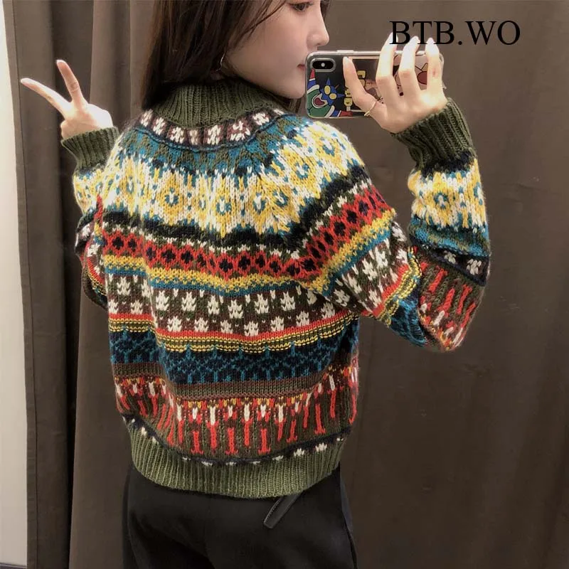 

BTB.WO Za Women O Neck Printed Sweater Women Vintage Long Sleeve Jumper Tops Female Knitted Pullover Chic Tops
