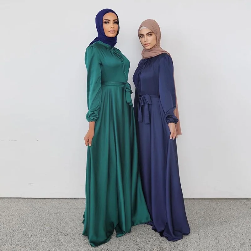 Caftan атласное длинное платье в мусульманском стиле женская модель Ближнего Востока в стиле ИД Рамадан в исламском стиле с поясом длинное пла...