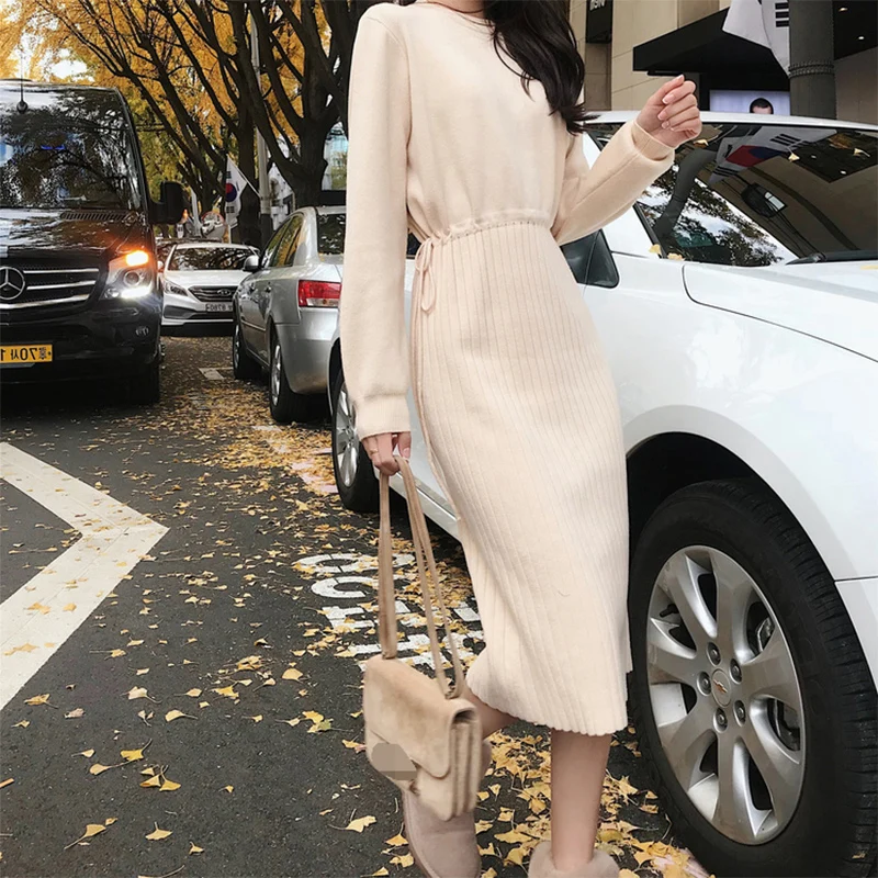 Elegant O-neck Patchwork Autumn Winter Dress Straight Women Sweater Thicken Lace Up Female Jumper Midi Vestidos 2019 |
