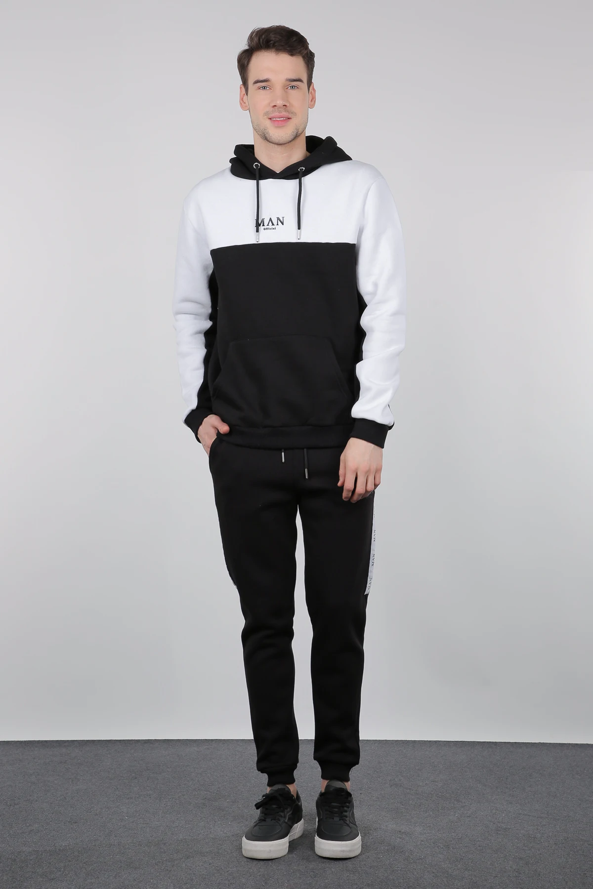 

Black and White Raised Hooded Mens Sweatshirt