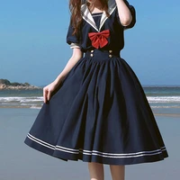 harajuku sailor collar navy dress japanese lolita sweet bow knot girl retro cotton kawaii preppy style short sleeve dress women