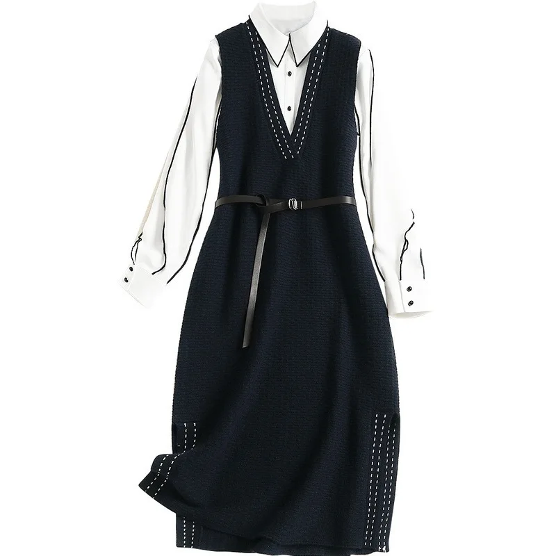 

Women high quality elegant sleeveless vest knit sweater dress white chiffon shirt belt warm dresses new 2018 autumn blue
