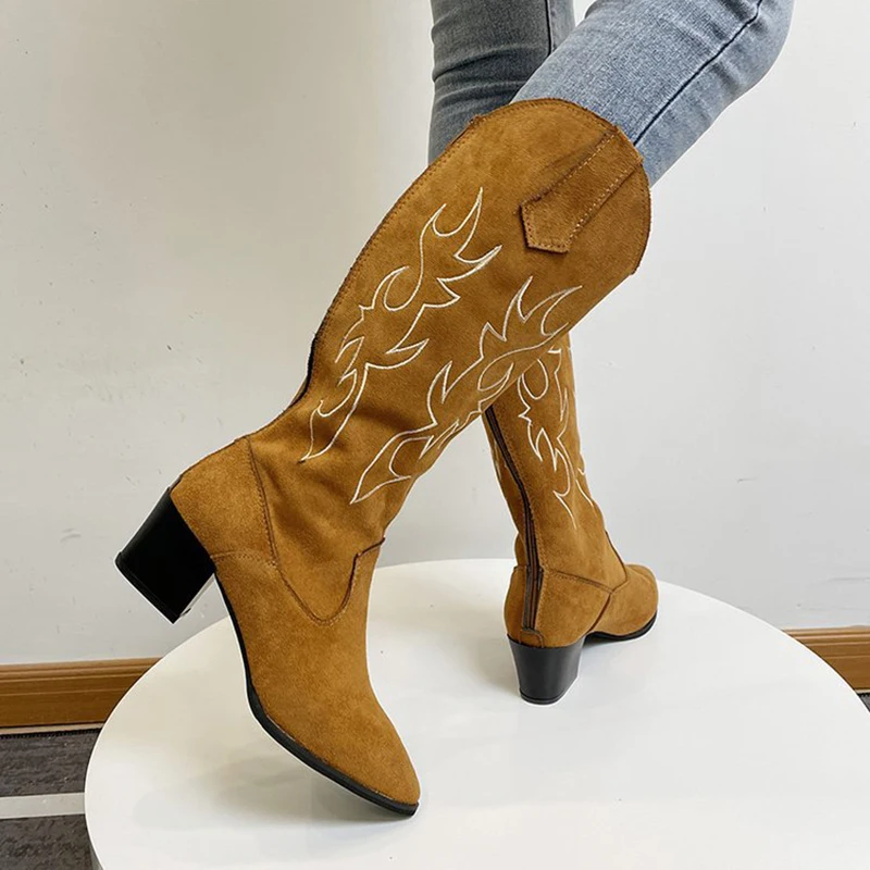 Женские ковбойские ботинки в западном стиле остроносые женские до середины икры