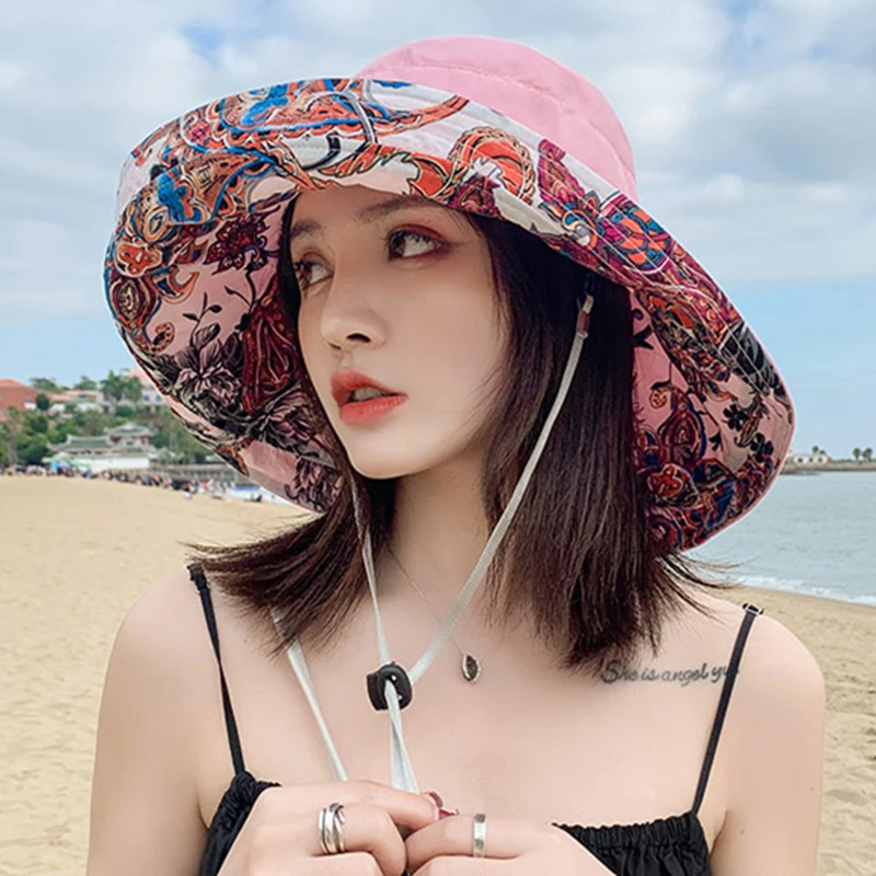

New Summer Women Double-sided Cotton Linen Sun Hat Elegant Big Wide Brim Foldable Anti-UV Beach Sun Floppy Hats Flat Caps
