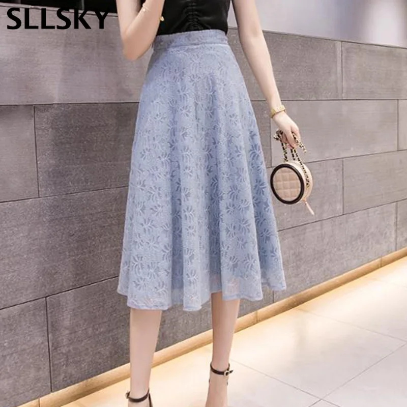 

Sllsky Knee-length Lace skirt Women New Spring Summer Solid High waist Plus size Umbrella skirt Slim Fashion Office lady skirt