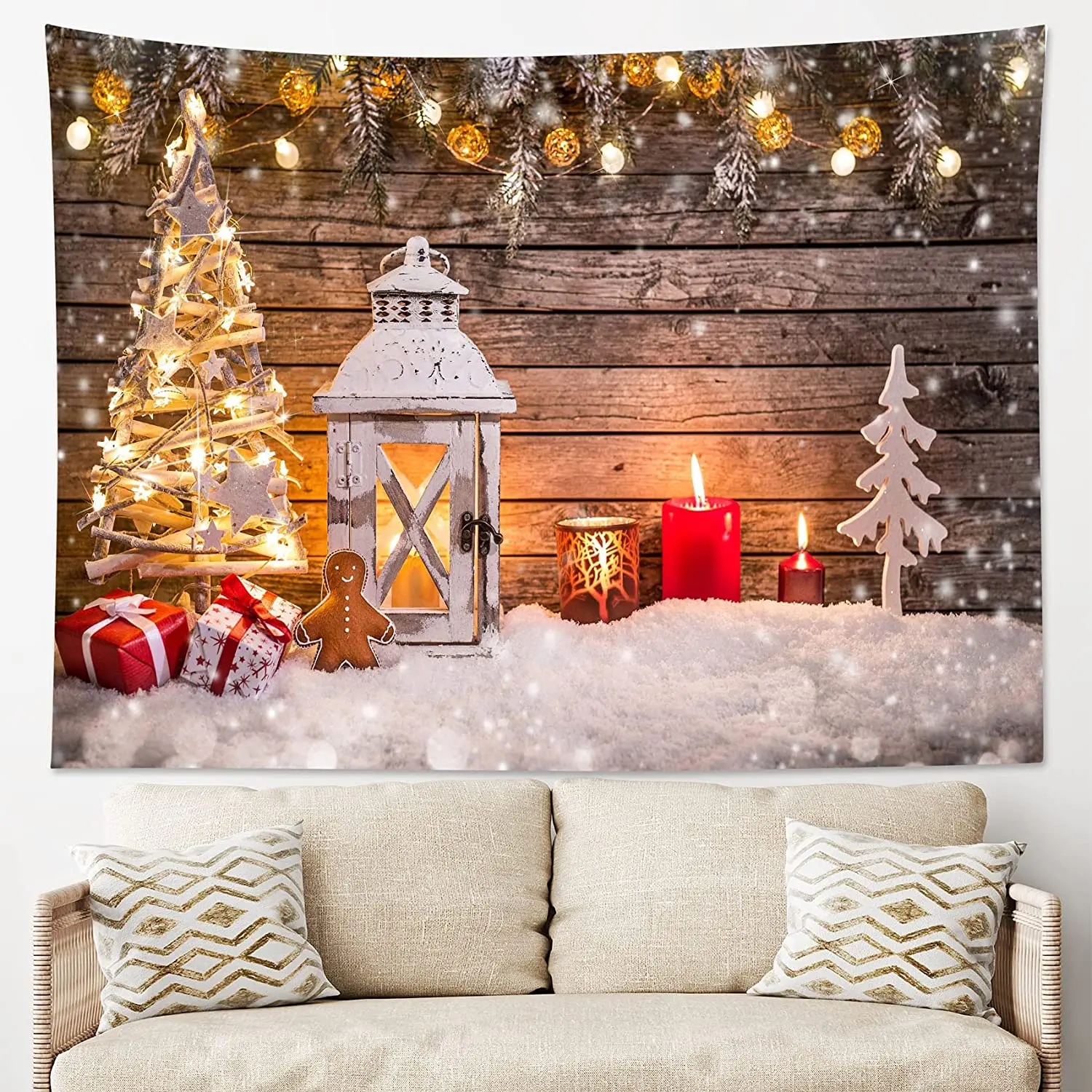 

Merry Christmas Tapestry Snow Tapestries Xmas Ornaments Hanging on Wooden Plank Wall Blanket for Bedroom Living Room Dorm Decor