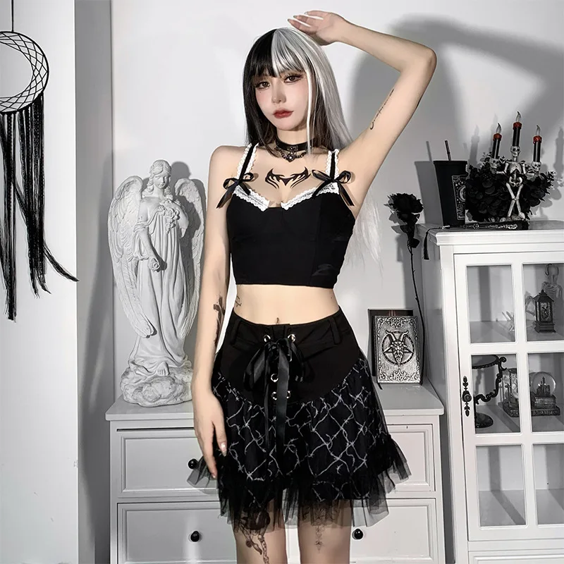 

Women Summer Miniskirt Plaid Mesh Stitching Bandage High-Waist Short Skirt for Girls, Black