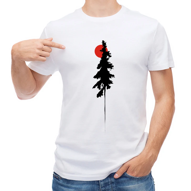 

TEEHUB Short Sleeve Summer Men T-shirt Fashion Tree Red Sun Printed T Shirt O-Neck Tops Cool Tees
